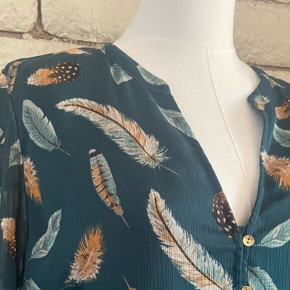 LOFT Teal Feather Pattern Long Sleeve Dress - Picture 2 of 8